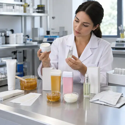 Technician comparing depilatory cream, sugar wax, wax strip, and aftercare serum samples in a product development lab