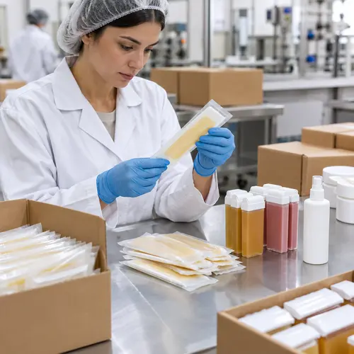 Quality-control inspection of wax strip sachets and roll-on wax cartridges beside aftercare packaging