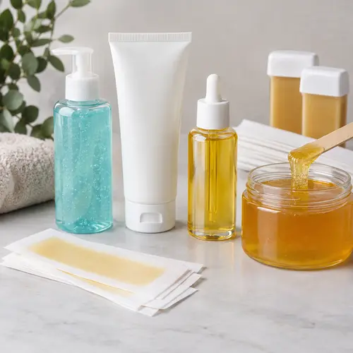 Post-depilation soothing gel, lotion, and oil beside wax strips and sugar wax