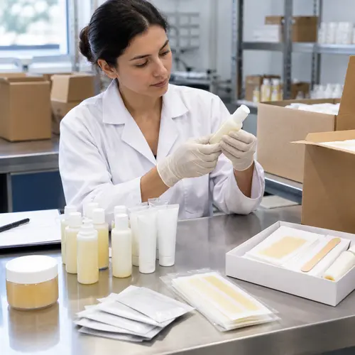 QC inspection of aftercare kit packaging and sealed hair-removal products