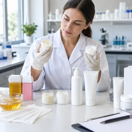 Depilatory cream sample review with aftercare packaging in a formulation laboratory