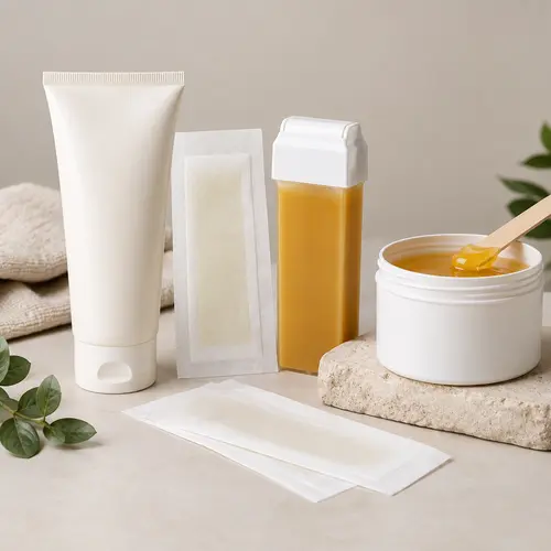 Hair removal packaging formats including depilatory cream tube, wax strips, roll-on wax cartridge, and hot wax jar