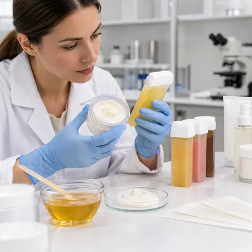 Depilatory cream sample review and roll-on wax cartridge leakage check in a cosmetics lab