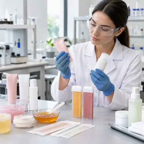 Depilatory cream sample review with final packaging in a cosmetics laboratory