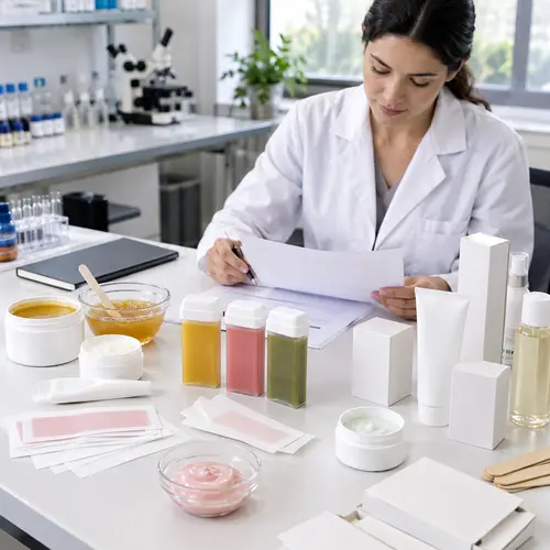 Depilatory cream and wax product samples reviewed beside packaging components and an OEM brief
