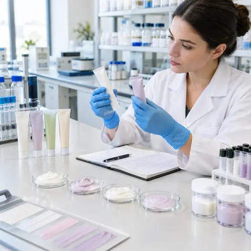Technician reviewing depilatory cream samples and final packaging in a cosmetics lab