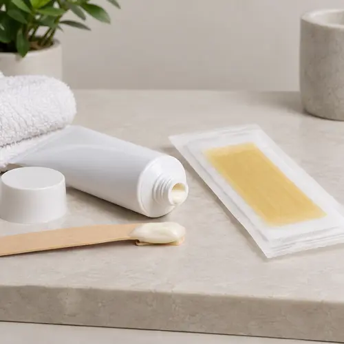 Depilatory cream sample and wax strip packaging compared for a private label launch