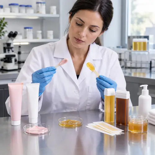 Depilatory cream and wax sample review with hair-removal packaging in a cosmetics lab