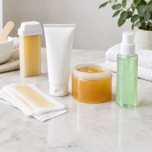 Facial depilatory cream, wax strips, sugar wax, and aftercare samples compared for private label development