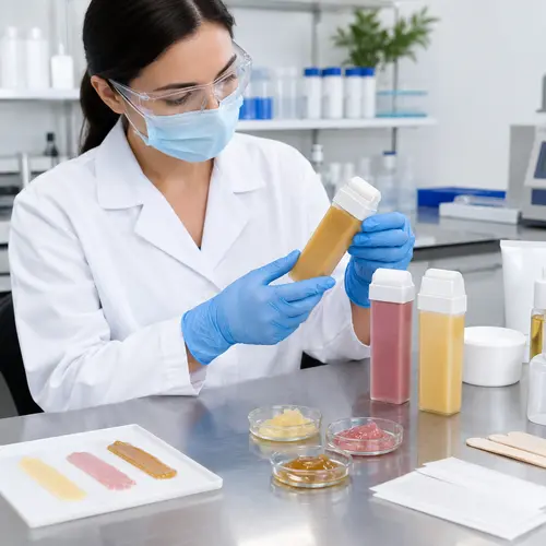 Roll-on wax cartridge leakage check and wax texture review in a cosmetic lab
