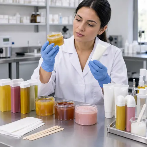 Technician reviewing facial wax and depilatory cream samples in production-intent packaging