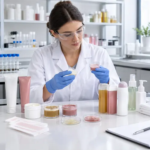 Depilatory cream and wax samples under packaging compatibility review in a cosmetics laboratory