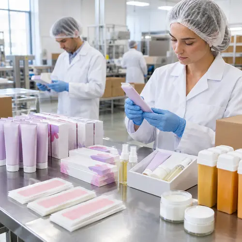 QC inspection of depilatory cream, wax strip, and aftercare kit packaging