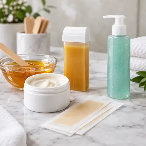 Salon hair removal products with depilatory cream, wax strips, roll-on cartridge, and aftercare gel