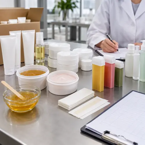 Depilatory cream sample review with wax packaging components in a product development lab