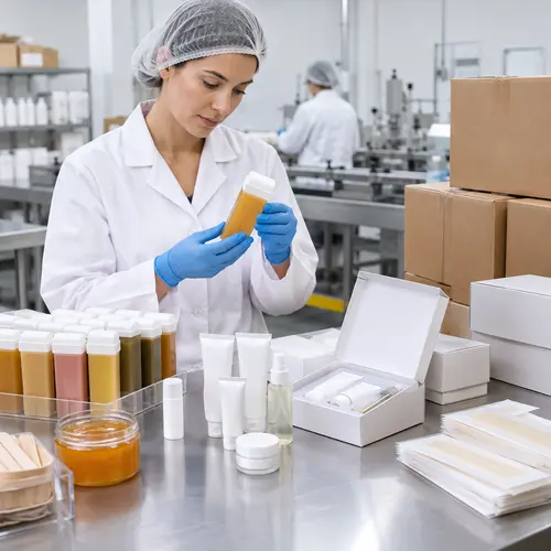 QC inspection of roll-on wax cartridges and aftercare kit packaging before shipment