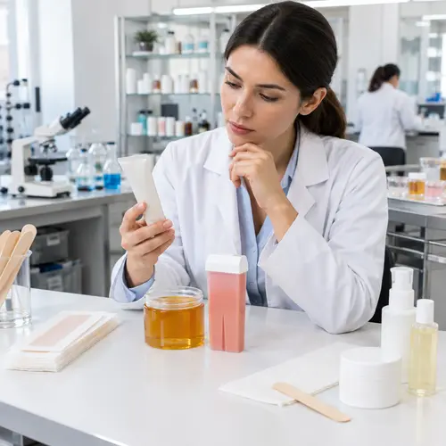 Private label buyer reviewing depilatory cream, wax strips, sugar wax, and roll-on wax samples