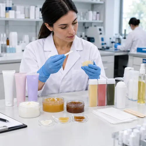 Depilatory cream sample review with wax and roll-on cartridge packaging in a laboratory