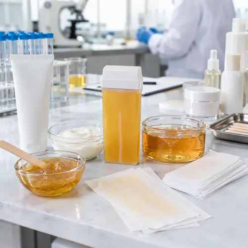Hair removal product samples including depilatory cream, sugar wax, wax strips, and roll-on wax cartridge