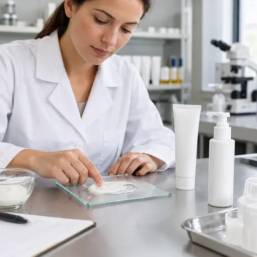 Depilatory cream sample texture and packaging compatibility review in a cosmetics lab