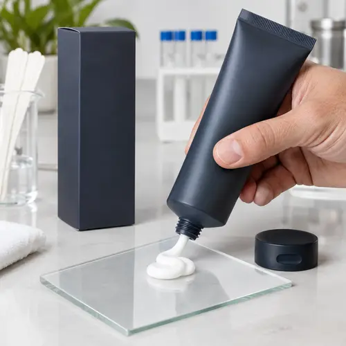 Men's depilatory cream sample being dispensed from private-label packaging during product review