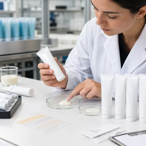 Technician reviewing depilatory cream texture, color, and tube packaging compatibility