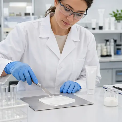 Depilatory cream sample texture review in a cosmetic formulation lab