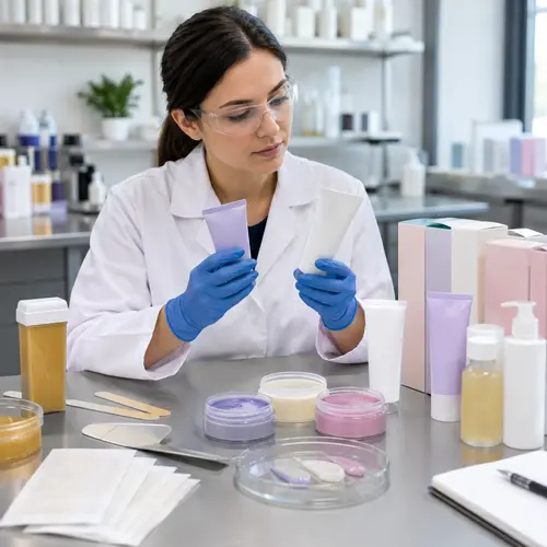 Depilatory cream sample and packaging review at a cosmetics laboratory workbench