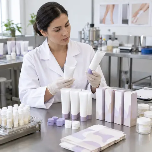 Depilatory cream sample and packaging compatibility review at an OEM factory