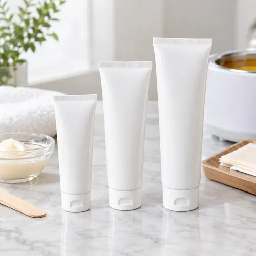 Depilatory cream tube packaging in targeted and full-size formats