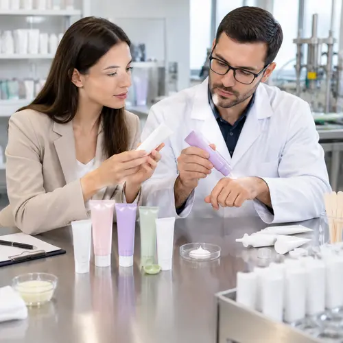 Buyer reviewing depilatory cream tube packaging and filled sample quality during an OEM inspection