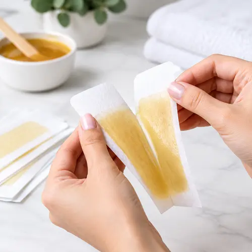 Hands separating private label body wax strips with even wax coating and clean grip tabs