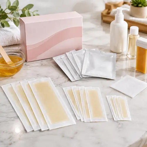Facial and body wax strip packaging with sealed sachets and aftercare wipe