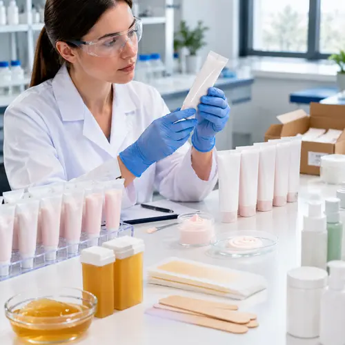 Depilatory cream sample review with filled tubes in a cosmetic laboratory