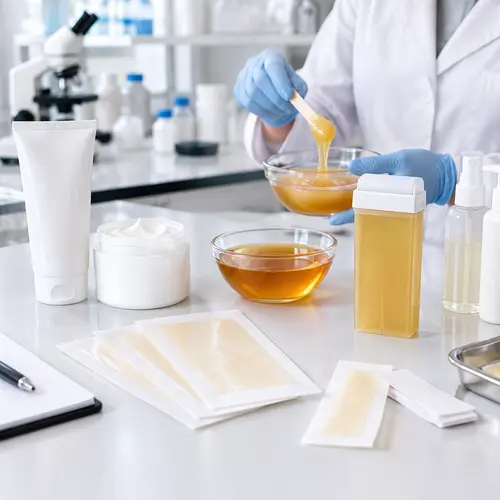 Hair removal product samples including depilatory cream, wax strips, sugar wax, and roll-on wax cartridge