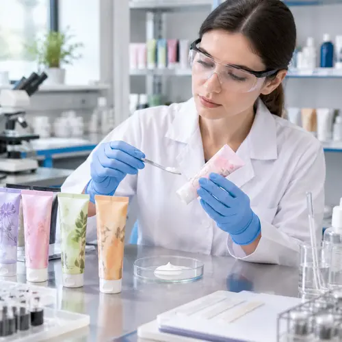Depilatory cream sample review with finished tube packaging in a cosmetic laboratory