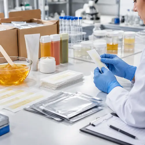 Hair removal product QC inspection with wax strips and depilatory cream samples