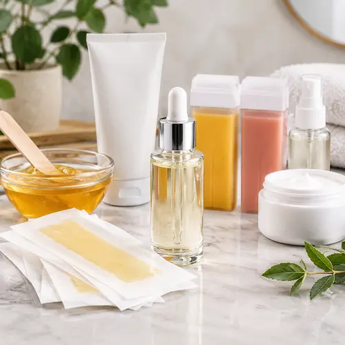 Aftercare serum and wax strip packaging prepared for product review