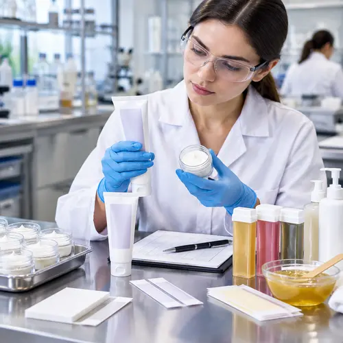 Quality technician reviewing a depilatory cream sample and filled tube during hair-removal product QC