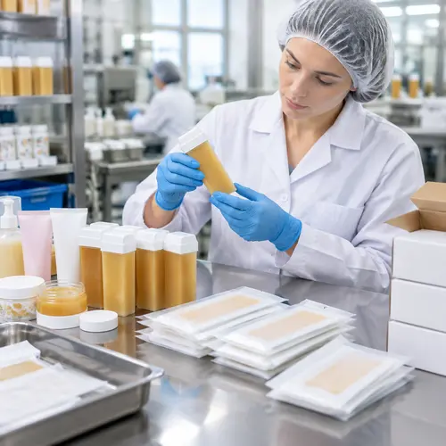 Technician inspecting roll-on wax cartridges and wax-strip packaging for leakage and shipment quality