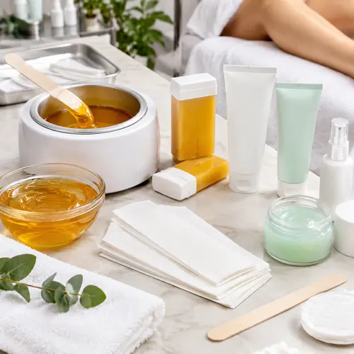 Salon hair removal range with wax strips, depilatory cream, hot wax, and aftercare packaging