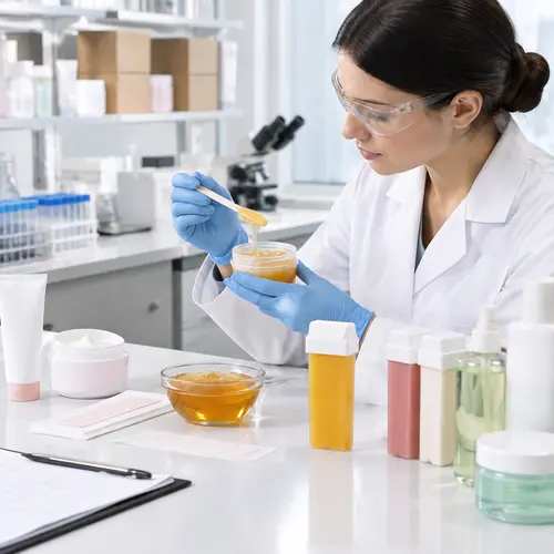 QC inspection of depilatory cream, wax strips, sugar wax, and roll-on wax samples