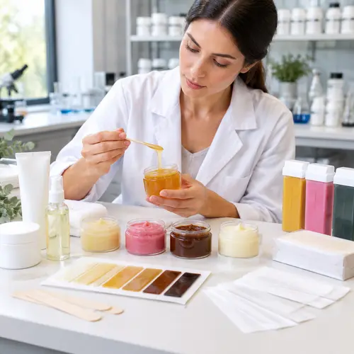 Depilatory wax sample review beside wax strip packaging