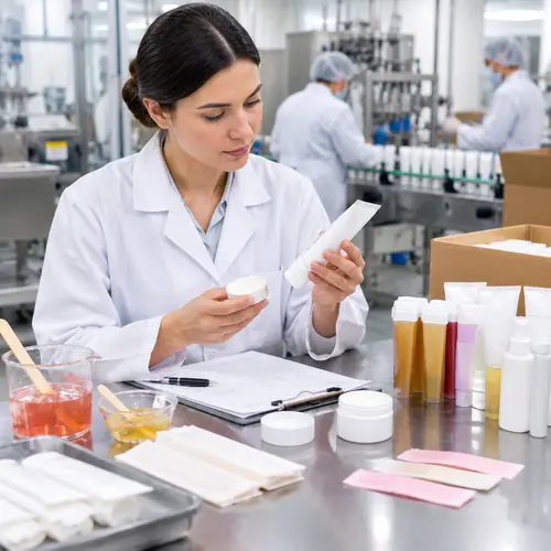 Quality auditor reviewing depilatory cream samples and batch records at a hair removal cosmetics factory