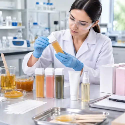 Laboratory technician checking wax texture and roll-on cartridge sealing during hair removal product testing