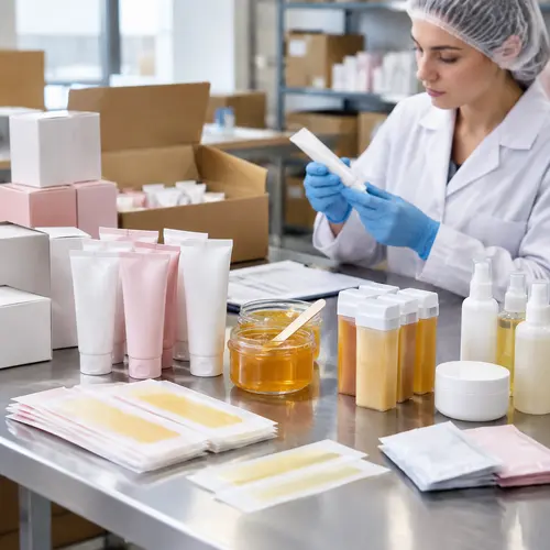Finished wax strips depilatory cream tubes and aftercare packaging during hair removal product quality inspection