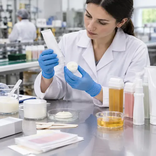 Quality technician checking depilatory cream texture and tube packaging during OEM sample review