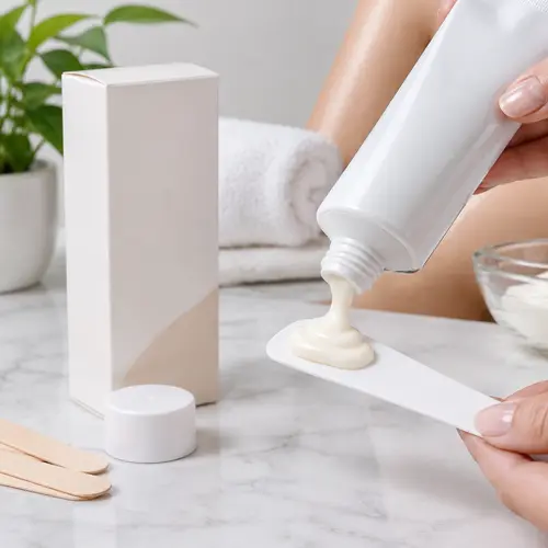 Depilatory cream dispensed from a squeeze tube for packaging review