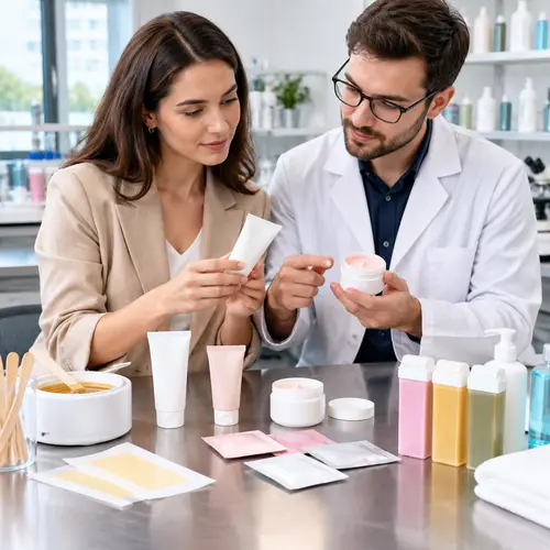 Buyer reviewing depilatory cream samples and packaging formats with an OEM/ODM technician