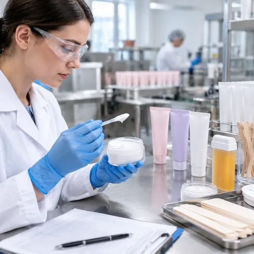 Depilatory cream sample review with production packaging in a cosmetic quality control laboratory